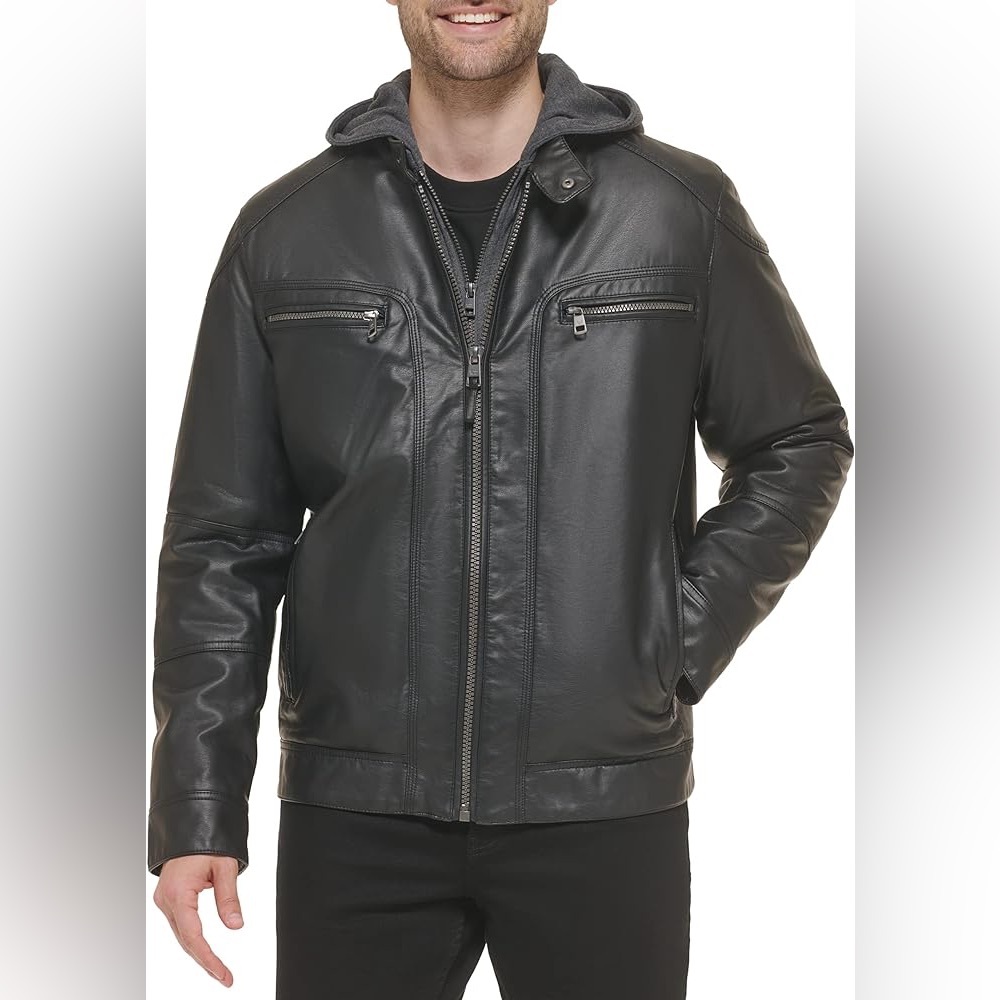 Calvin Klein Black Faux Leather Moto Jacket with Hood